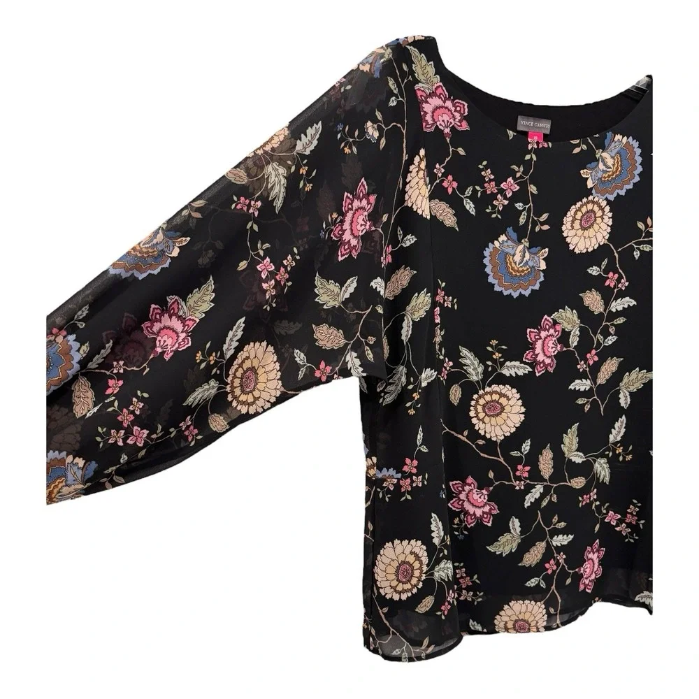 Vince Camuto Top XL Sheer Black Multi Floral Bishop Sleeves Stretch Cuffs Lined - Picture 4 of 8